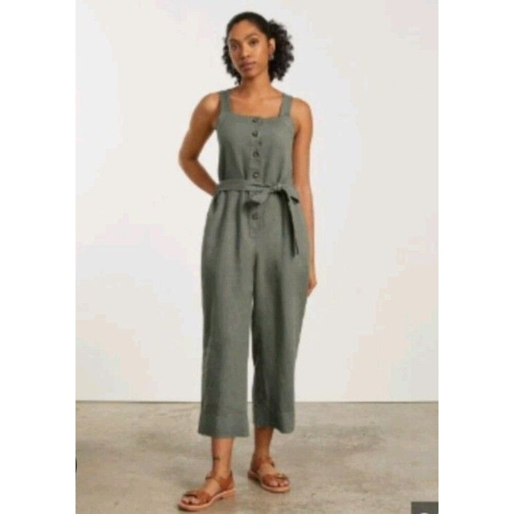 Everlane Picnic Linen Jumpsuit Womens 2 Olive Green Button Front Wide Leg Crop - Picture 3 of 10